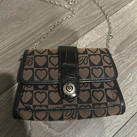 Brighton Handbags - BRIGHTON Crossbody Organizer Clutch Wallet - Black Leather & Heart Fabric